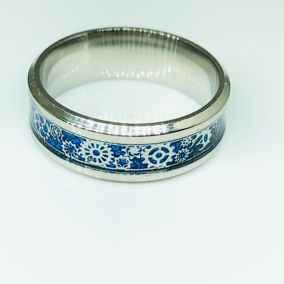 Stainless Steel Ring with Faux Opal Band And Gears - Picture 2 of 8